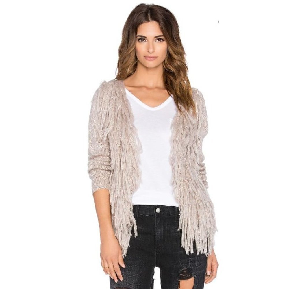 Amuse Society Jadyn Light Gray‎ Fringe Cardigan Sweater S